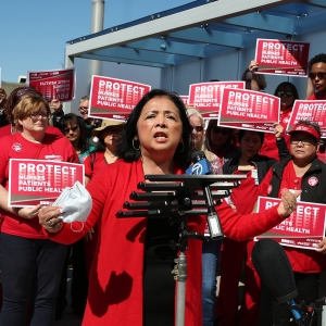 NNU ED Bonnie Castillo and nurses rally for Coronavirus action