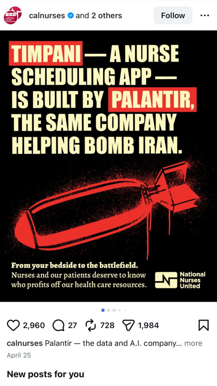 Screenshot of Instagram post about Palantir helping bomb Iran