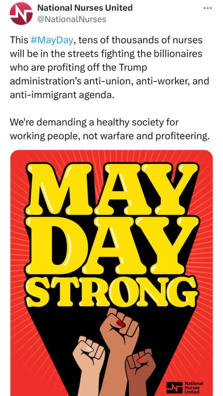 Screenshot of NNU post on X about May Day