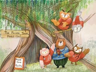 Artwork from children's book: Medi Bear and nurses outside Forrest Town Hospital