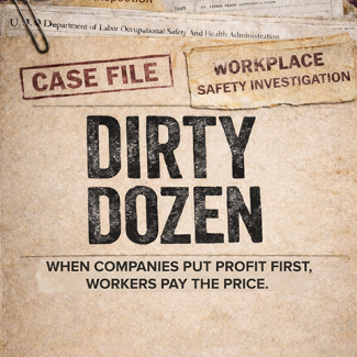 Illustrated cover of Dirty Dozen report "Case File: Workplace Safety Investigation. Dirty Dozen. When companies put profit first, workers pay the price."