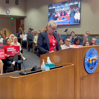Ventura County RN union leader Susana Macias-Robles speaking to board about Santa Paula hospital closure. 