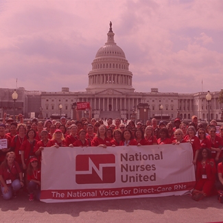 NNU old photo of group of NNU nurses holding banner in front of US Capitol "The National Voice for Direct-Care RNs"