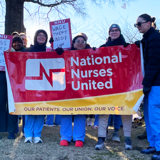 MedStar nurses holding National Nurses United banner and sign "Wage theft $adds up"