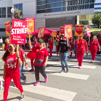 Nurses marching holding signs "RNs on strike for safe patient care" "Hands off our health care"