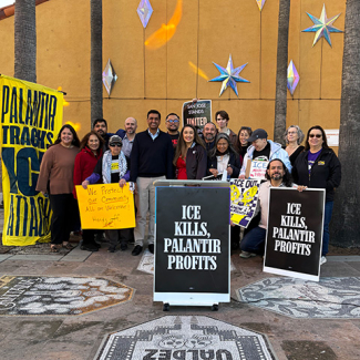 Rep. Ro Khanna (6th from left) with Purge Palantir coalition members at press conference at Kaiser Permanente Santa Clara (Feb 21, 2026)