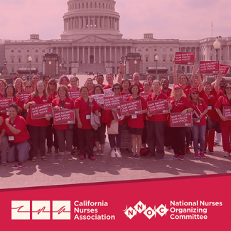 Nurses in front of capitol with signs "Our Patients. Our Union. Our Voice"