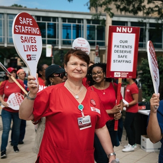 Nurses picketing outside hospital holding signs calling for safe staffing