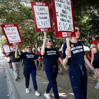 Three nurses on picket line wearing shirts "Safe Staffing Saves Lives"