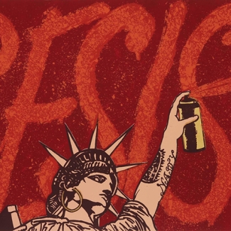 Artwork of Statue of Liberty spraypainting "RESIST"