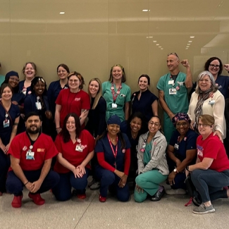 Large group of nurses inside hospital