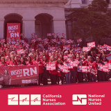 Large group of nurses outside CA State Capitol building, CNA and NNU logos