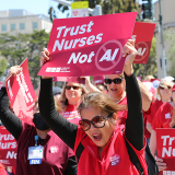 Nurses marching, holding signs "Trust Nurses Not A.I."