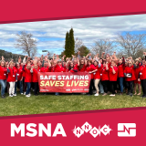 Many MSNA/NNOC nurses holding banner "Safe Staffing Saves Lives"