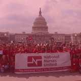 Nurses in front of capitol holding banner "The National Voice for Direct-Care RNs"