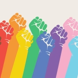 Graphic of pride flag colored raised fists