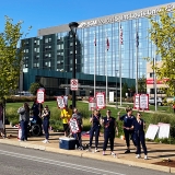 Nurses picketing in front of SSM Health Saint Louis University Hospital in St. Louis, Mo.