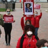 Nurse holding social distancing rally for better workplace protections