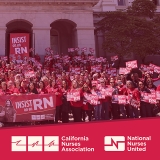 Large group of nurses in front of capitol building in Sacramento, CNA and NNU logos