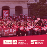 Nurses in front of California state capitol building holding banners and signs: "Insist on an RN"